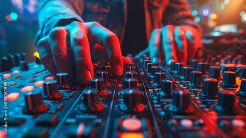DJ Mixing Music on Professional Controller with Red Lighting and Camera in Background