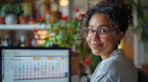 Smiling African-American receptionist in her 20s with glasses, working on a computer with an appointment calendar
