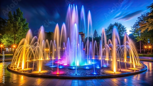 Illuminated fountain glowing in the night, night, fountain, illuminated, water, dark, reflections, urban, city