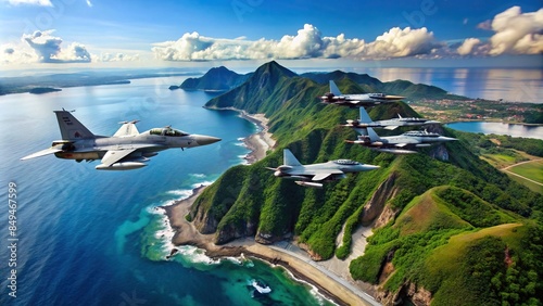 Chinese fighter jets soaring over Taiwan island during a military exercise, aircraft, Chinese, jets, Taiwan, island