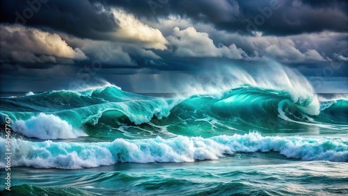 Stormy turquoise ocean waves splashing over dark water, stormy, turquoise, ocean, waves, splashing, powerful, picturesque, surface