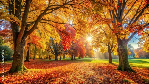 Autumn in the park with colorful leaves and sunlight filtering through the trees, fall, foliage, nature, park, autumnal