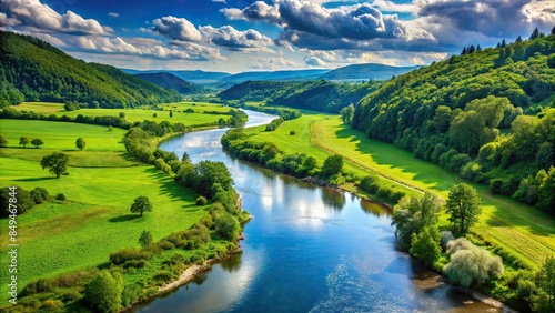 Wide river flowing through a lush green valley, river, valley, landscape, nature, flowing water, scenic, peaceful, tranquility