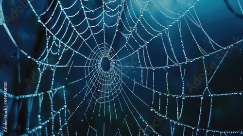 Close-up photo of a wet spider web. AI generated.
