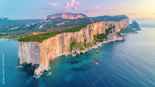This image captures the majestic sea cliffs of Capo Caccia and Foradada Island at sunset. The cliffs are bathed in warm light with the calm sea below.
