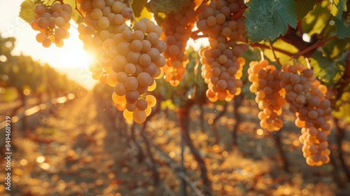 Sunlit vineyard in Villarrobledo, Spain showcasing the first grape harvest of the season, with ripe grape clusters gleaming in the golden sunlight.