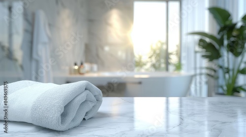 White bathroom interior. with towel on marble table with blurred bathroom interior background