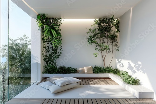Modern balcony sitting area decorated with green plant and white wall. superlative