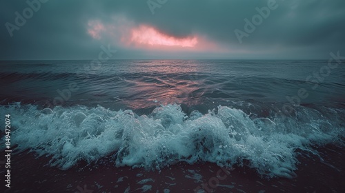 Waves crash on the shore under a dramatic, cloudy sunset at North Topsail Beach, North Carolina. The moody sky contrasts the vibrant colors of the sunset.