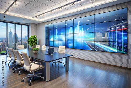 Modern Conference Room With Large Video Wall Displaying Cityscape and Highway