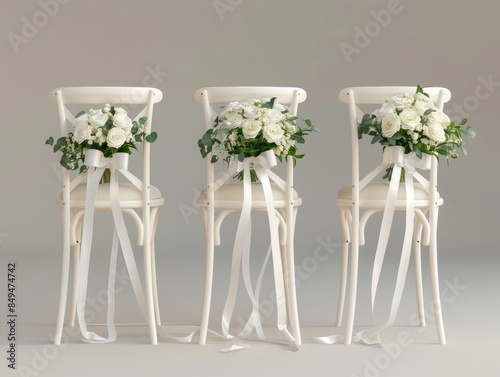 Wedding chairs with white ribbons bouquets. Concept motif for weddings and wedding planners.