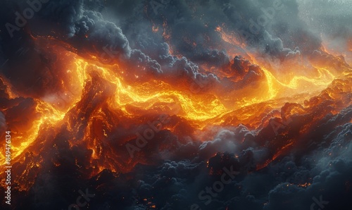 illustration of flowing and cold magma from volcano under gloomy dark sky