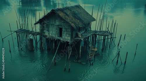 Aerial view of a traditional house on stilts situated on Banyak Island, Indonesia, surrounded by tranquil water and wooden poles.