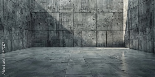 An empty room with a concrete floor and wall. The grey cement surfaces create a stark and industrial atmosphere.