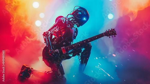 A robot rock musician playing guitar at a concert 