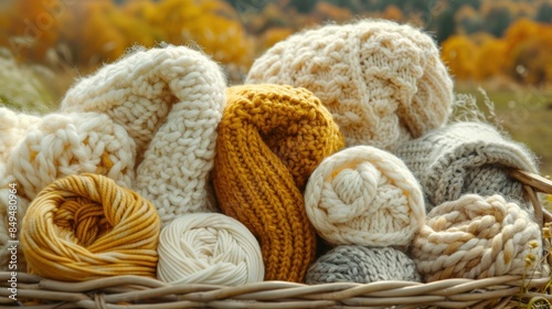 A close-up cinematic shot of a wicker basket filled with various types of cozy knitwear in neutral and warm tones, set against an autumn backdrop.