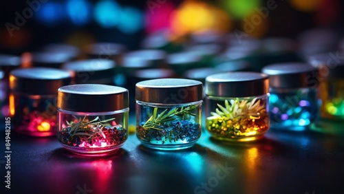 A close-up of glass jars containing colorful crystals and small plants. The jars have silver lids and are illuminated by various colored lights
