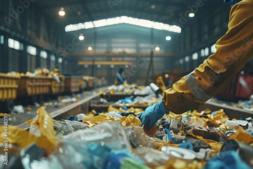 A dedicated individual wearing protective gear is meticulously sorting through recyclable materials in a waste facility, promoting a sustainable future.