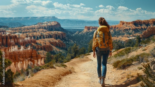 A woman with a yellow backpack is hiking along a trail in Bryce Canyon National Park, with stunning rock formations and blue sky in the background.