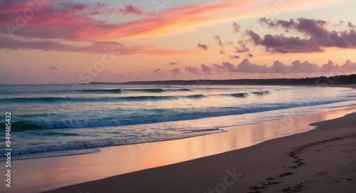 A tranquil scene of a sandy beach at sunset, with soft waves lapping gently at the shore