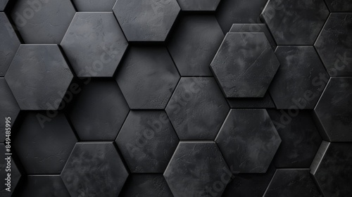 Minimalist hexagonal tiles, black and grey hues, top-down view, sleek and modern texture, clean lines, balanced composition
