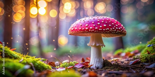 Bright pink mushroom with white spots in a magical forest setting, pink, mushroom, forest, magical, vibrant, colorful