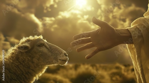 Jesus Christ hand reaching for lost lamb to save