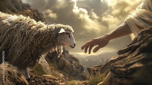 Jesus Christ hand reaching for lost lamb to save