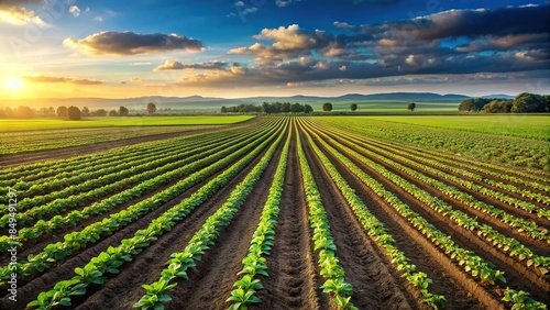 Agricultural plantation with green growing plants on a field landscape, agriculture, plantation, farm, crops, rural
