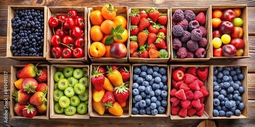 Boxes filled with an assortment of sweet and ripe fruits , fresh, colorful, healthy, organic, produce, apples, oranges, bananas