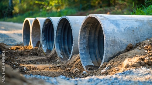 Concrete drainage pipe system installation on road sides for urban water and sewage drainage