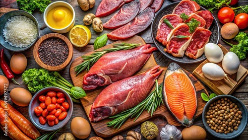 Variety of foods for a carnivore diet, including seafood, meat, eggs, and fats
