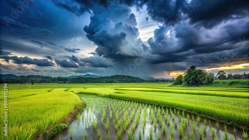 Rice fields glistening in the rain with a thunderstorm approaching, Rice, field, agriculture, thunderstorm, rainy season