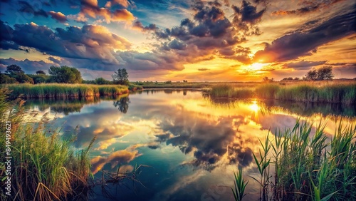 Sunset above a tranquil pond with reed grass, reflecting water, and cloudy sky in a vintage film aesthetic, sunset, sunrise