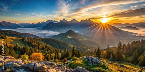 Sunrise over picturesque mountains with breathtaking North landscape , mountains, sunrise, North, landscape, beauty, fairytale