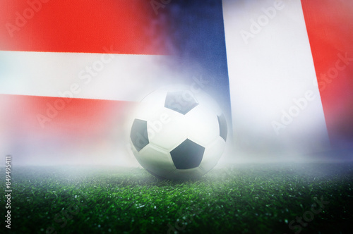 group D stage match , Austria vs France , Football Nation Flag and soccer ball on green grass