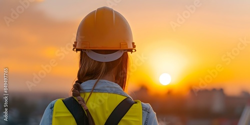 Female Engineer Supervising Construction Site at Sunset. Concept Construction Site, Female Engineer, Engineering, Supervising, Sunset