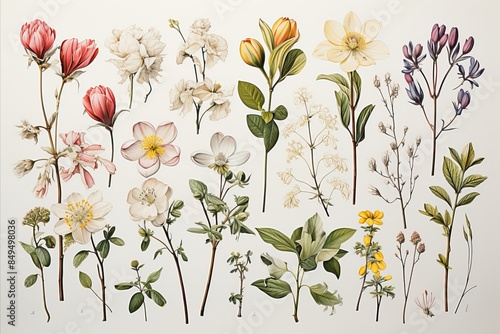 Detailed watercolor drawing of flowering plants with separate parts of it, in retro style