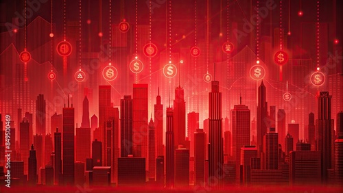 Red cityscape with digital currency symbols representing cryptocurrency trading, cryptocurrency, trading, digital currency