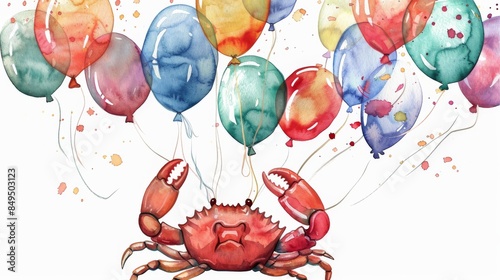 watercolor illustration of a crab holding on to a bunch of balloons