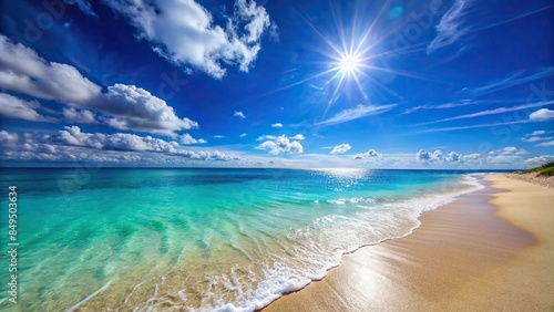 Sunny beach with turquoise ocean and clear blue sky , tropical, vacation, paradise, coastline, relaxation, travel, seascape