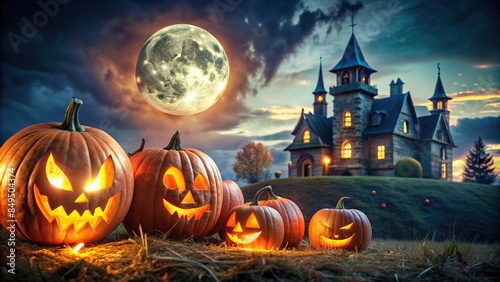 Glowing pumpkins in front of house with a full moon and haunted castle in the background on Halloween night