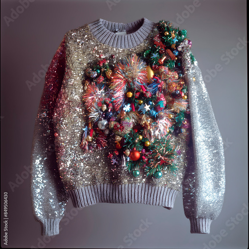 An ugly Christmas sweater decorated with colorful balloons, sequins and shiny tinsel, a festive costume, a festive Christmas party concept and greeting cards