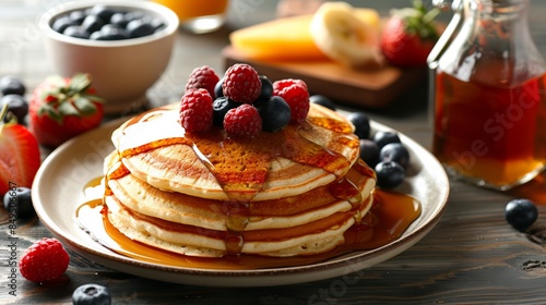 Sunlit breakfast table with pancakes, syrup, and fresh fruit, offering a delicious and inviting morning scene with ample space for text