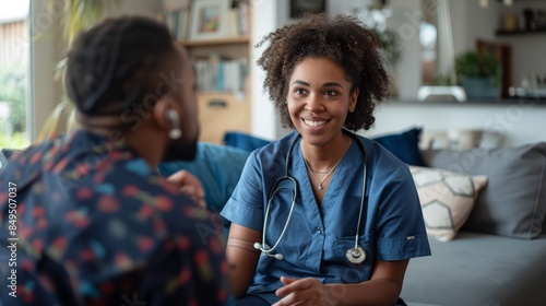 Home health aide explaining medication to a patient in a cozy living room, with light streaming in and ample space for text