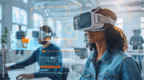 innovative digital marketing agency with employees collaborating on an online campaign using advanced analytics tools and virtual reality headsets