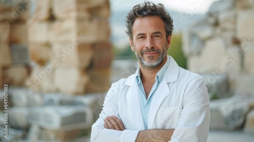 Greek doctor in a white coat, working in a clinic near ancient ruins, blending modern medical practices with traditional Greek healing methods and philosophies