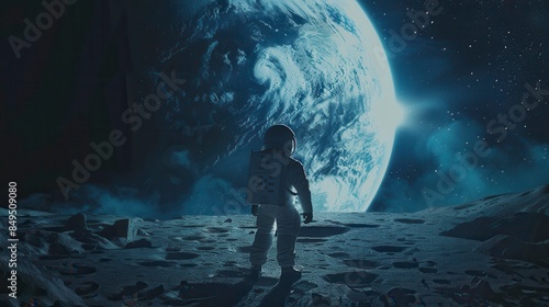 An astronaut standing on the moons surface and the earth on background