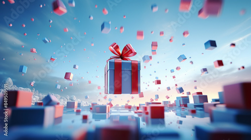 generated illustration of . Festive holiday gift boxes against blue background