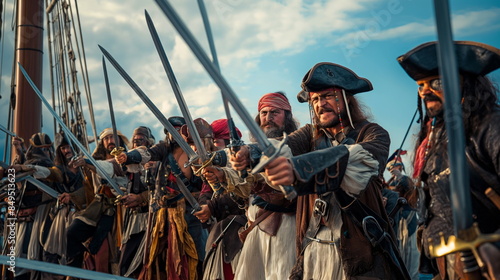 group of swashbuckling pirates brandishing their swords and preparing for battle